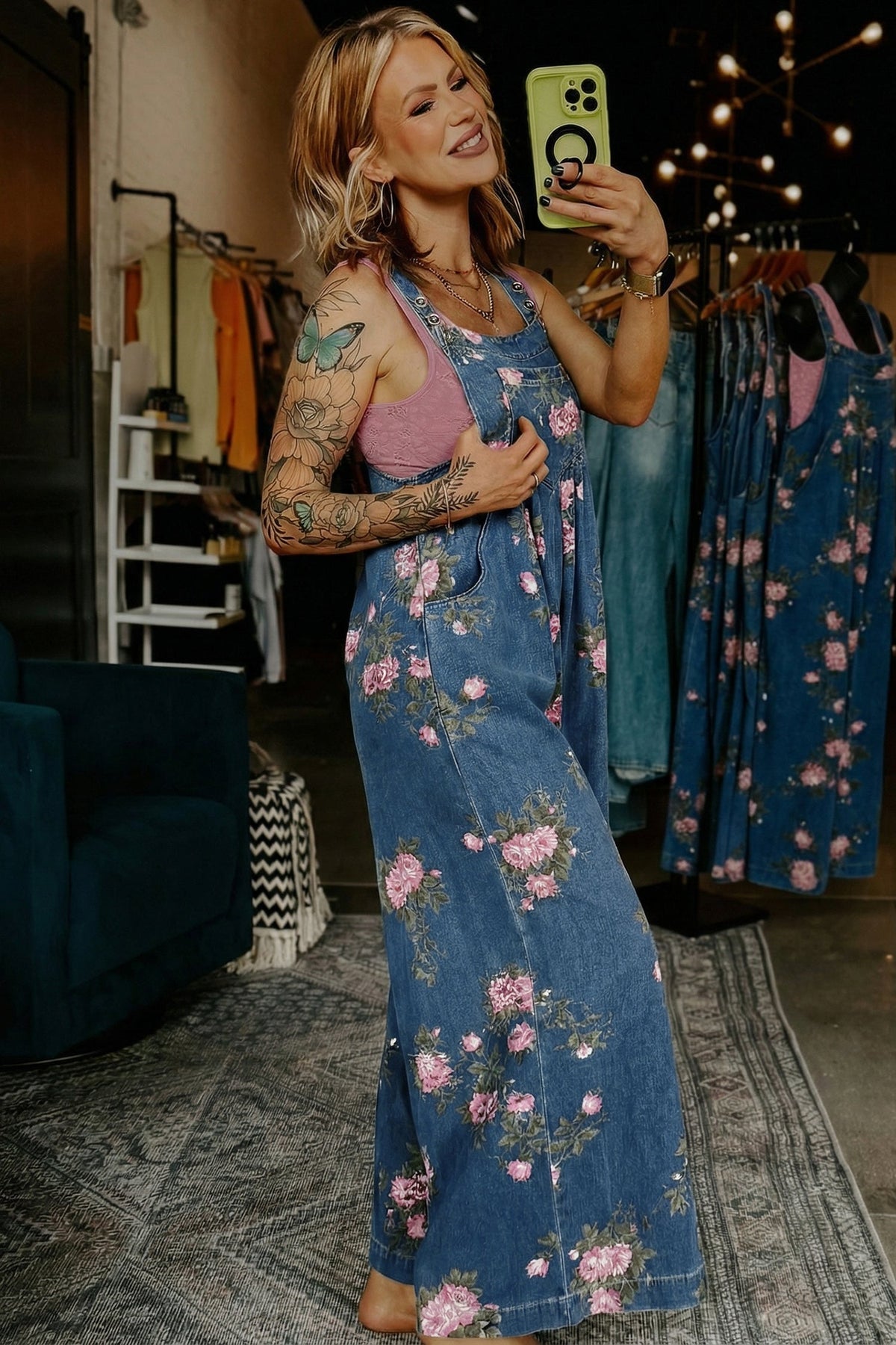 Beau Blue Floral Print Pleated High Waist Wide Leg Denim Jumpsuit - Pretty Petty Co