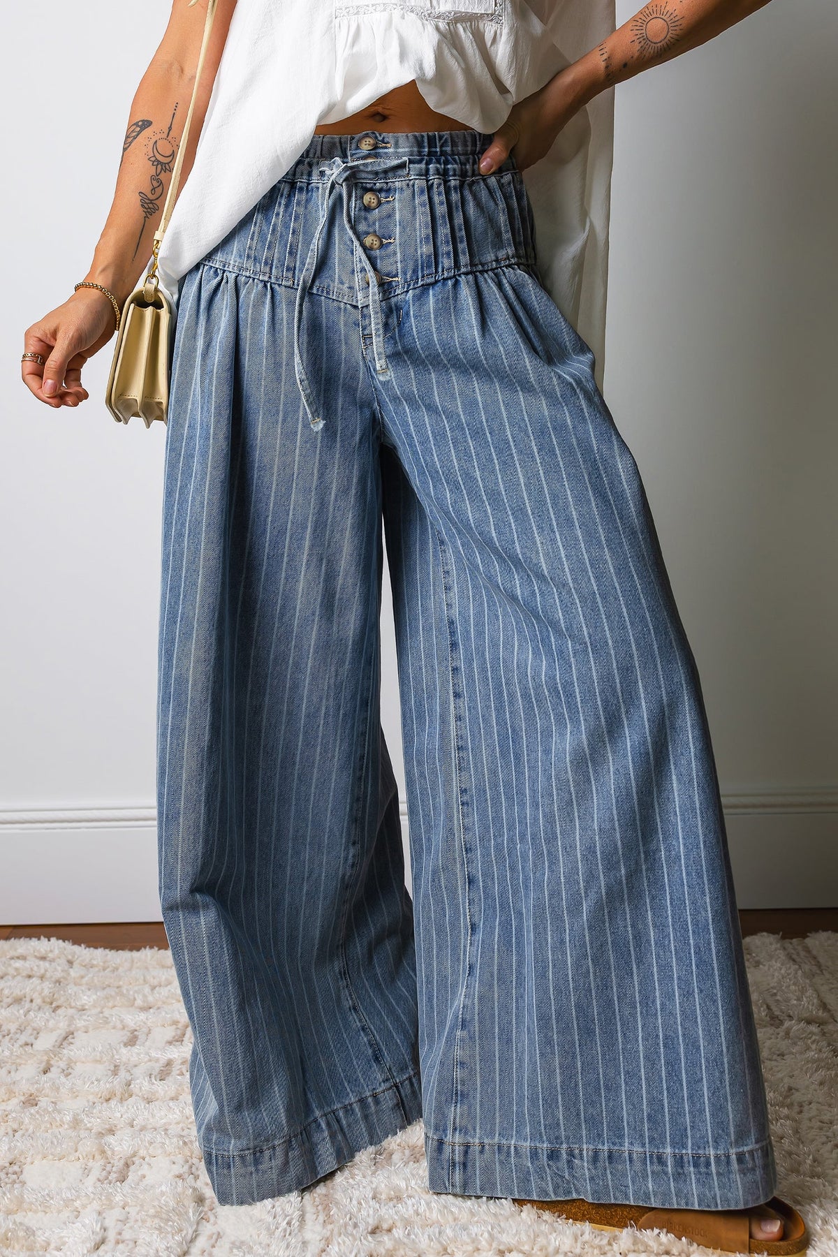 Sky Blue Stripe Button Pleated Drawstring Waist Casual Wide Leg Jeans - Pretty Petty Co