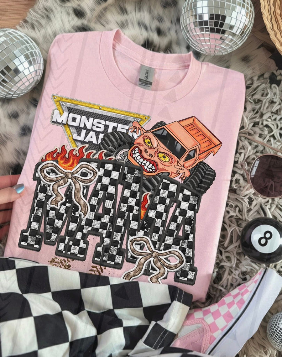 Monster Truck Mama Faux Embroidery Graphic Tee – Racing Mom Shirt – Unisex DTF Print - Pretty Petty Co