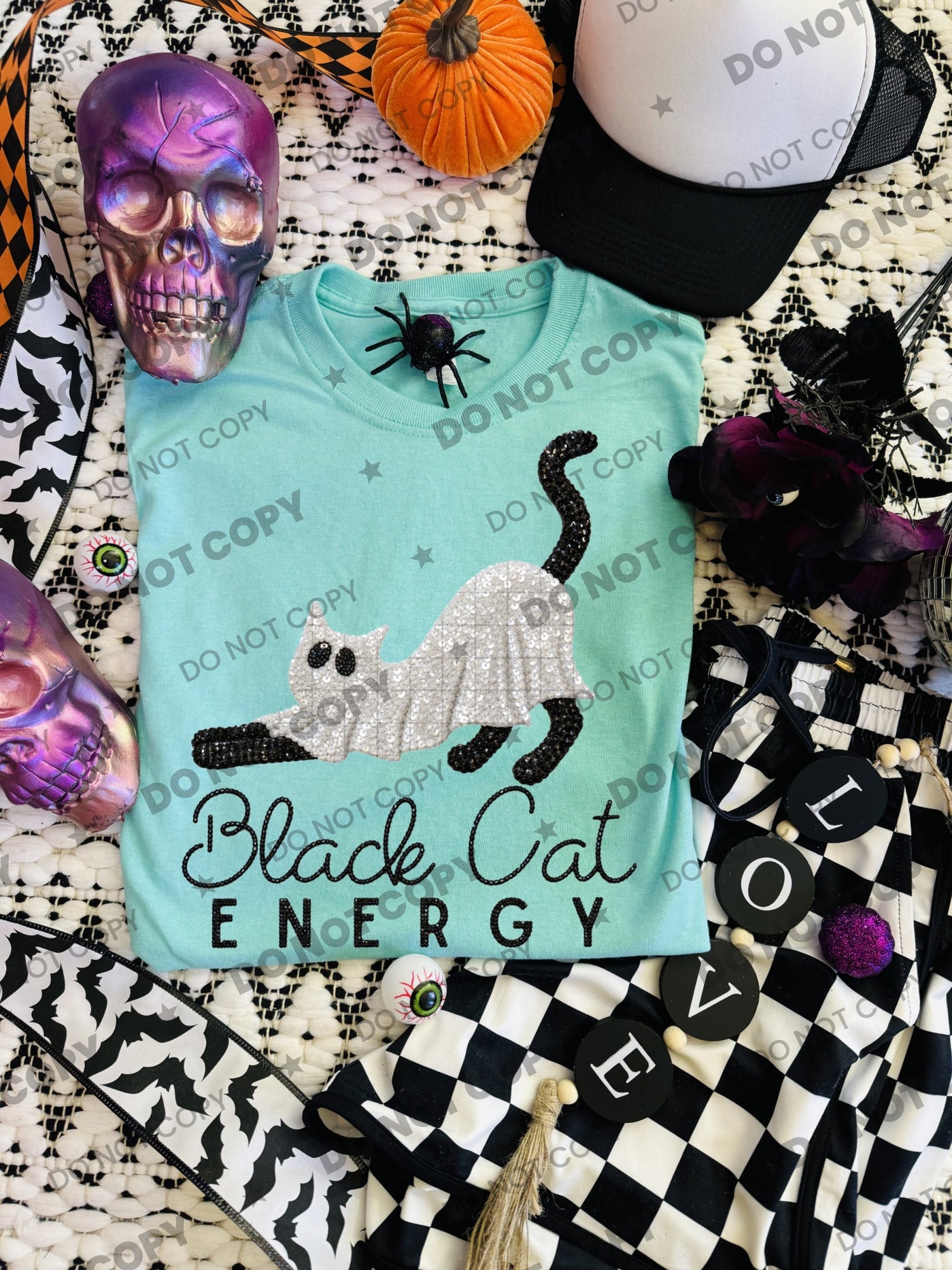 Black Cat Energy Halloween Graphic Tee – Funny Sequin Spooky Cat Shirt