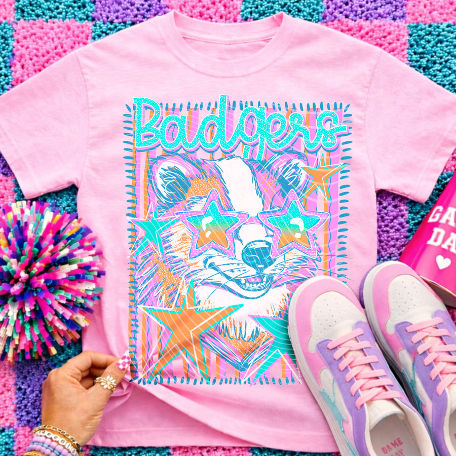 Badgers Preppy Mascot Shirt, Bright Color Collegiate Graphic Tee, Cute School Spirit Inspired Soft Style Tee for Women and Kids - Pretty Petty Co