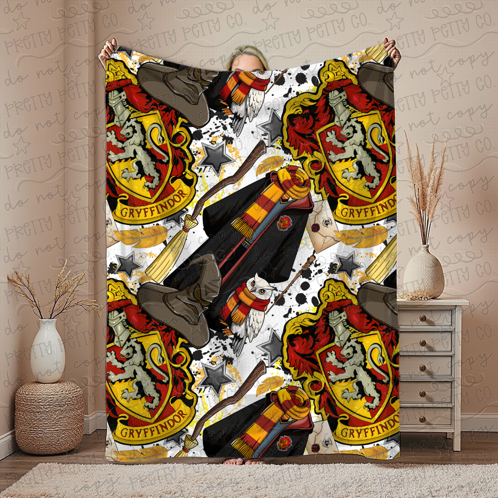Cozy House Blanket | Red & Gold Wizard Aesthetic Throw | Soft Plush Fantasy Blanket
