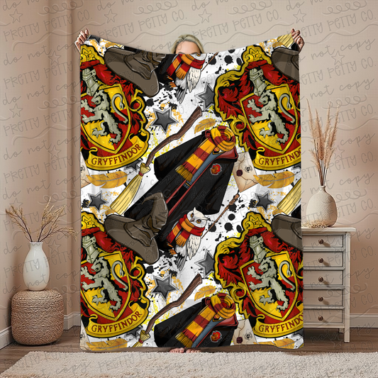 Cozy House Blanket | Red & Gold Wizard Aesthetic Throw | Soft Plush Fantasy Blanket