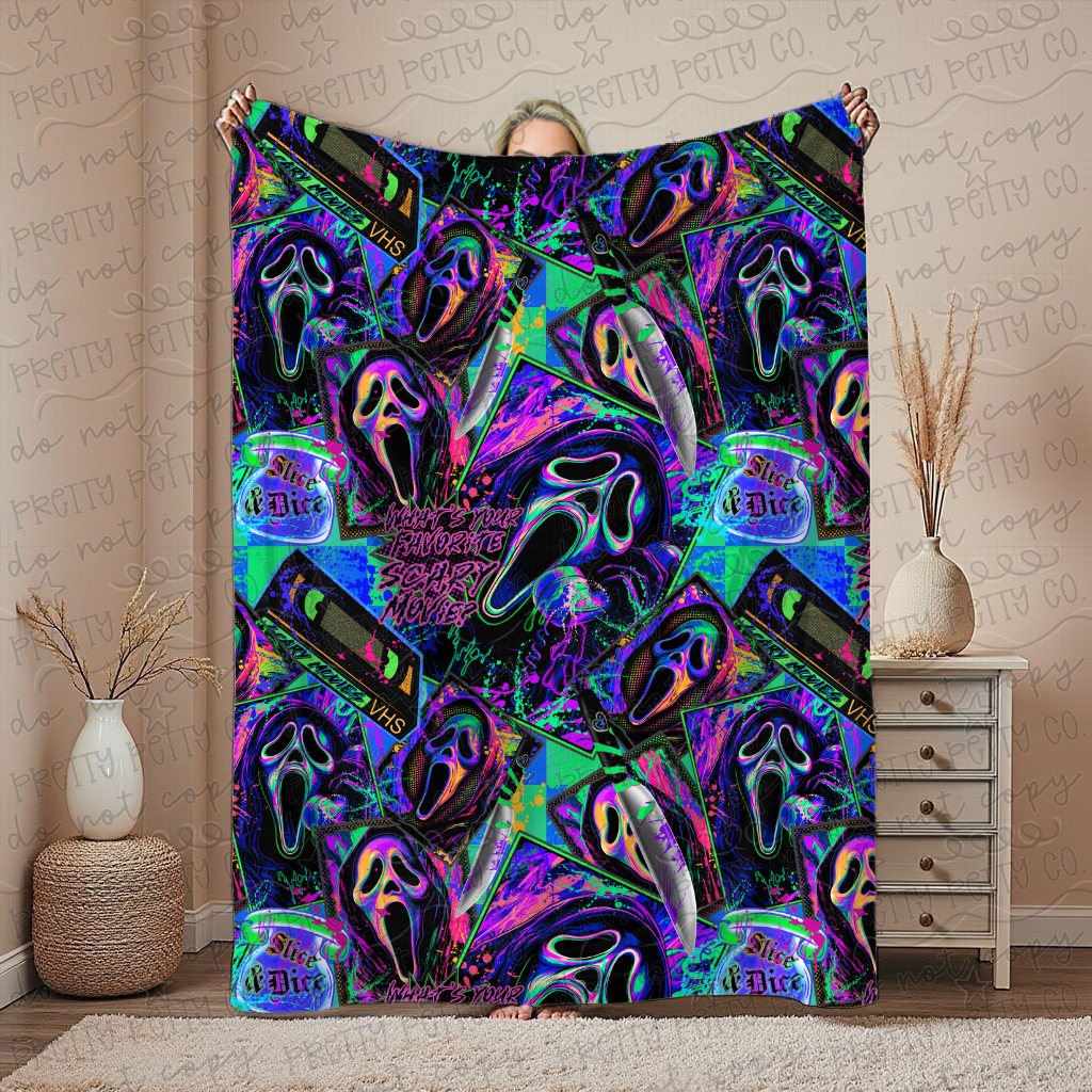 Neon Slasher Mask Blanket | Horror Aesthetic Throw | Cozy Spooky Plush Blanket