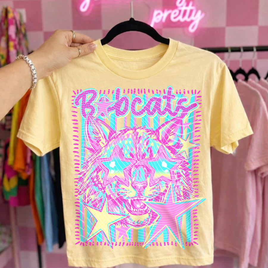 Bobcats Preppy Mascot Shirt, Bright Color Collegiate Graphic Tee, Cute School Spirit Inspired Soft Style Tee for Women and Kids - Pretty Petty Co