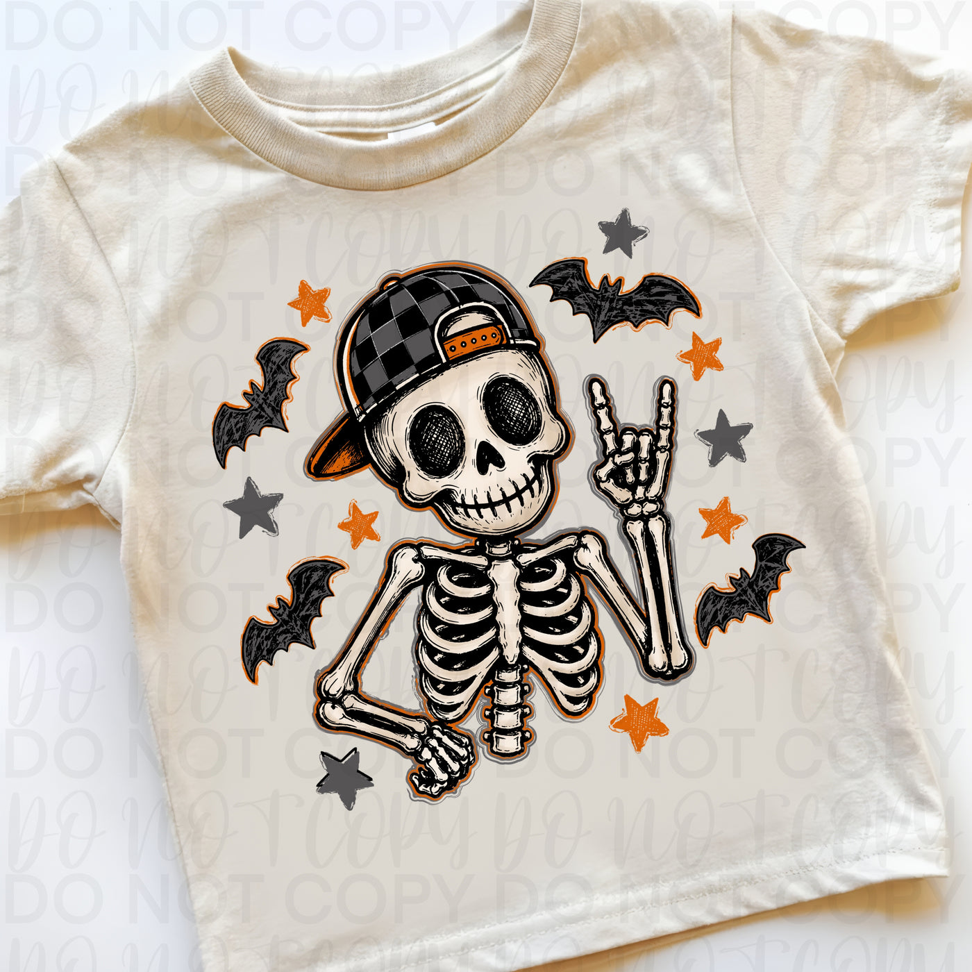 Boy Skeleton Halloween Tee | Checkered Hat Skeleton Shirt | Spooky Kids Halloween Graphic Tee | Bats & Stars