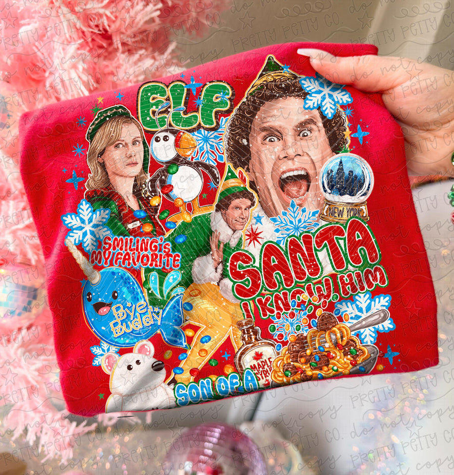 Retro Christmas Movie Elf Graphic Sweatshirt | Funny Holiday Movie Collage | Nostalgic Christmas Pullover