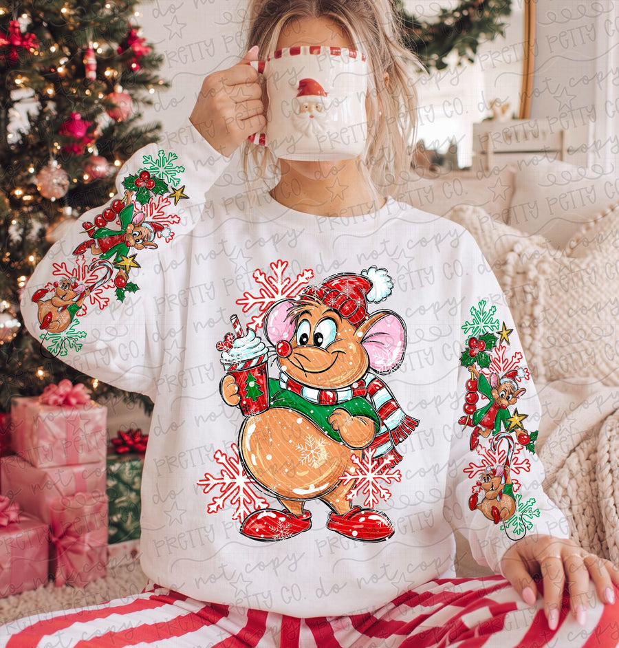 Cute Christmas Mouse Graphic Sweatshirt | Retro Holiday Mouse with Coffee | Cozy Christmas Boutique Pullover
