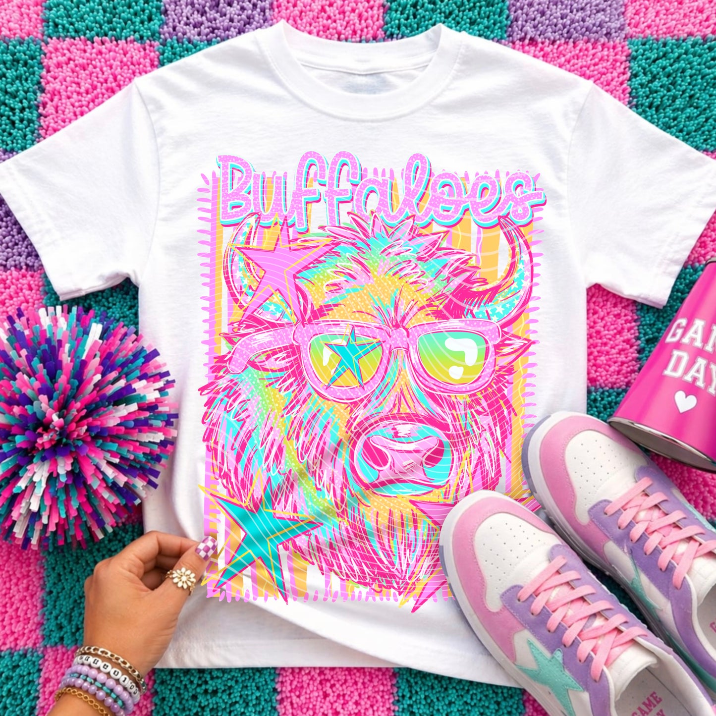 Buffaloes Preppy Mascot Shirt, Bright Color Collegiate Graphic Tee, Cute School Spirit Inspired Soft Style Tee for Women and Kids