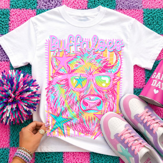 Buffaloes Preppy Mascot Shirt, Bright Color Collegiate Graphic Tee, Cute School Spirit Inspired Soft Style Tee for Women and Kids