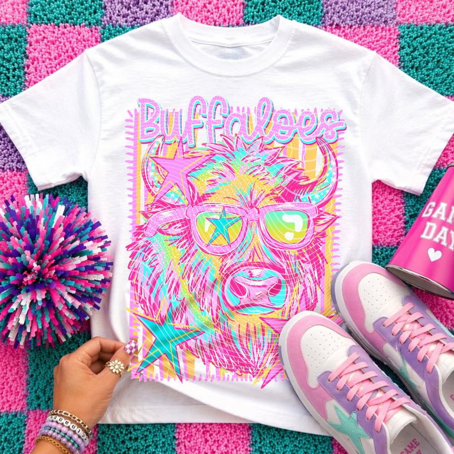 Buffaloes Preppy Mascot Shirt, Bright Color Collegiate Graphic Tee, Cute School Spirit Inspired Soft Style Tee for Women and Kids - Pretty Petty Co