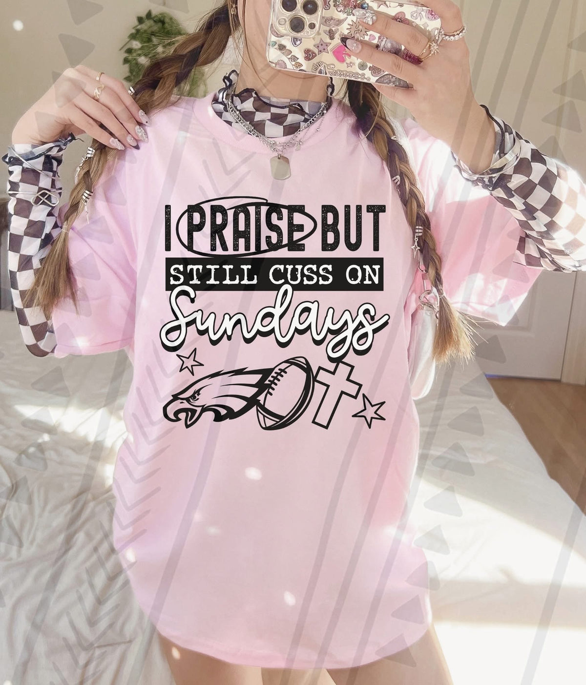I Praise But Still Cuss On Sundays Football Shirt – Edgy Christian Sports Graphic Tee – Unisex DTF Print – Youth & Adult Sizes - Pretty Petty Co