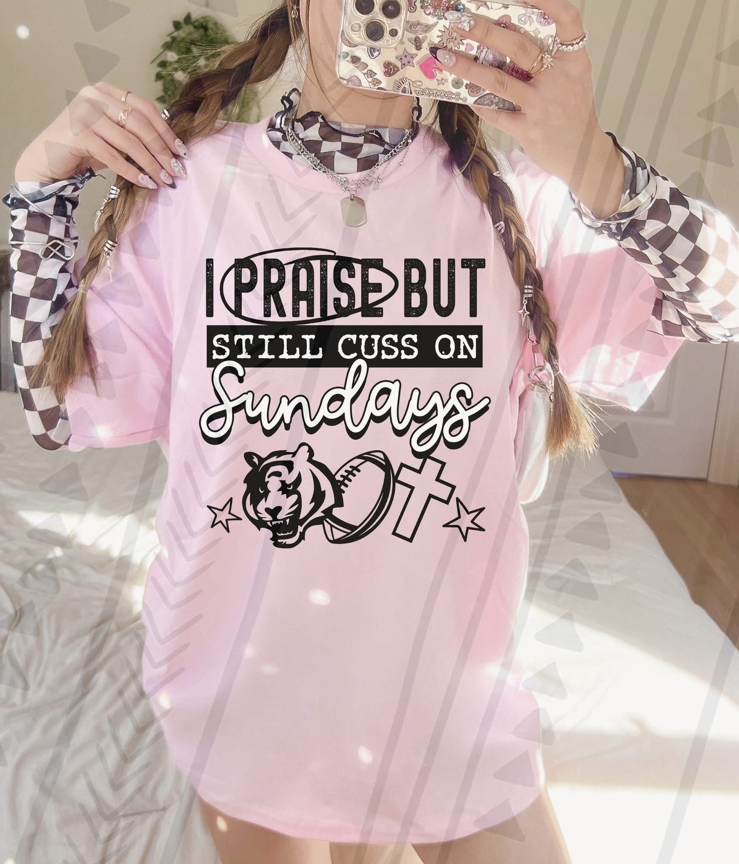 I Praise But Still Cuss On Sundays Football Shirt – Edgy Christian Sports Graphic Tee – Unisex DTF Print – Youth & Adult Sizes