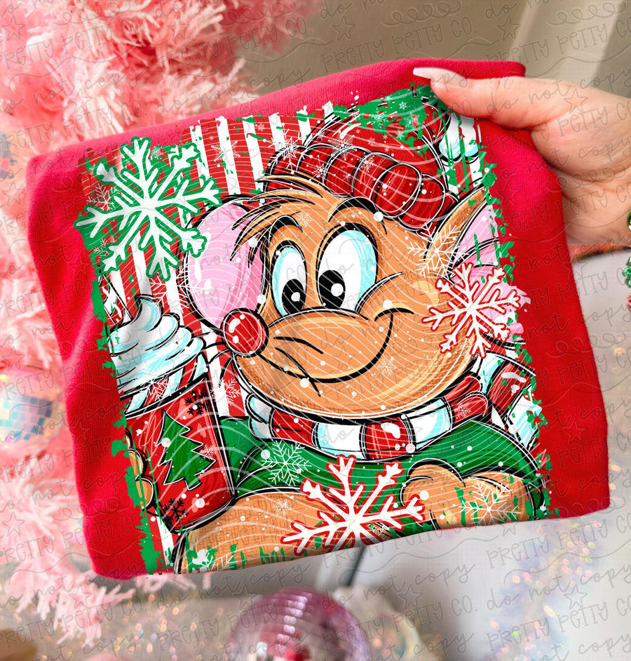 Cute Christmas Mouse Graphic Sweatshirt | Retro Holiday Mouse with Coffee | Cozy Christmas Boutique Pullover