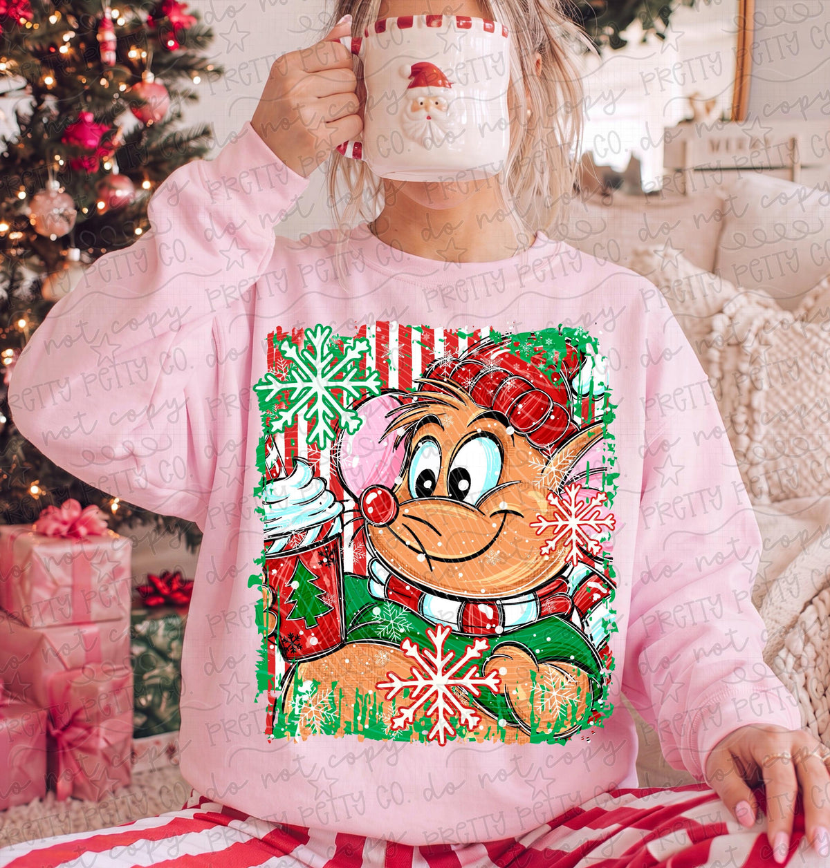 Cute Christmas Mouse Graphic Sweatshirt | Retro Holiday Mouse with Coffee | Cozy Christmas Boutique Pullover
