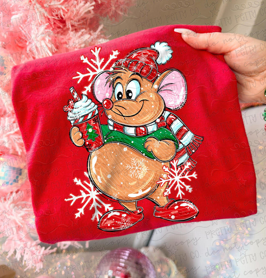 Cute Christmas Mouse Graphic Sweatshirt | Retro Holiday Mouse with Coffee | Cozy Christmas Boutique Pullover