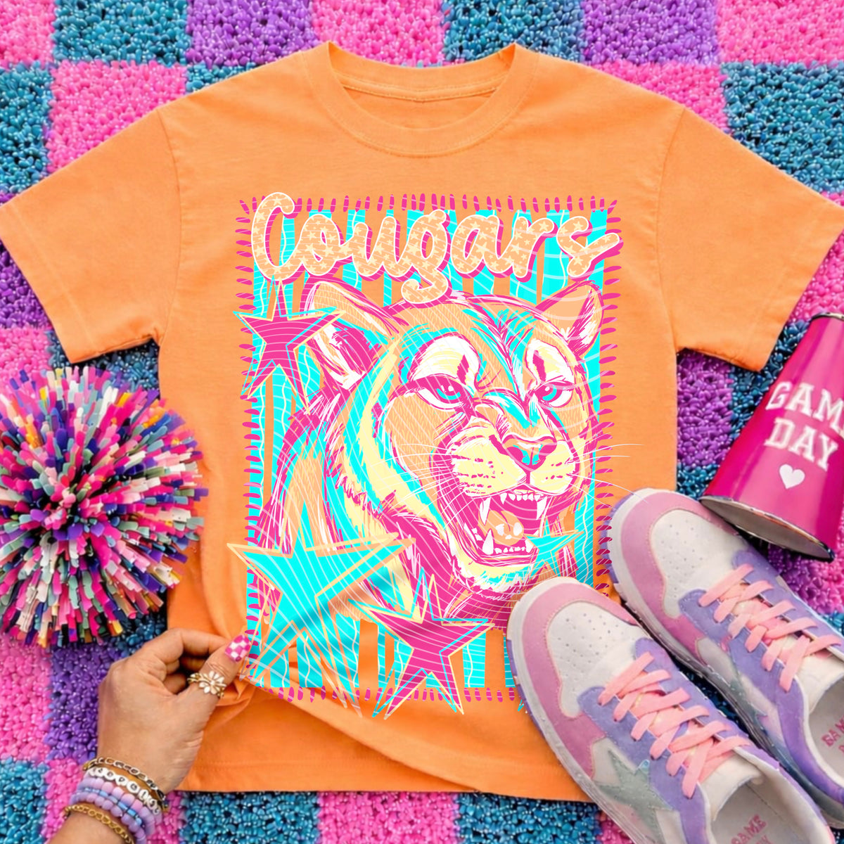 Cougars Preppy Mascot Shirt, Bright Color Collegiate Graphic Tee, Cute School Spirit Inspired Soft Style Tee for Women and Kids - Pretty Petty Co