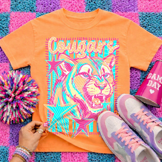 Cougars Preppy Mascot Shirt, Bright Color Collegiate Graphic Tee, Cute School Spirit Inspired Soft Style Tee for Women and Kids