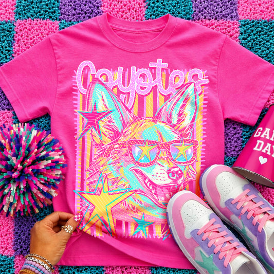 Coyotes Preppy Mascot Shirt, Bright Color Collegiate Graphic Tee, Cute School Spirit Inspired Soft Style Tee for Women and Kids