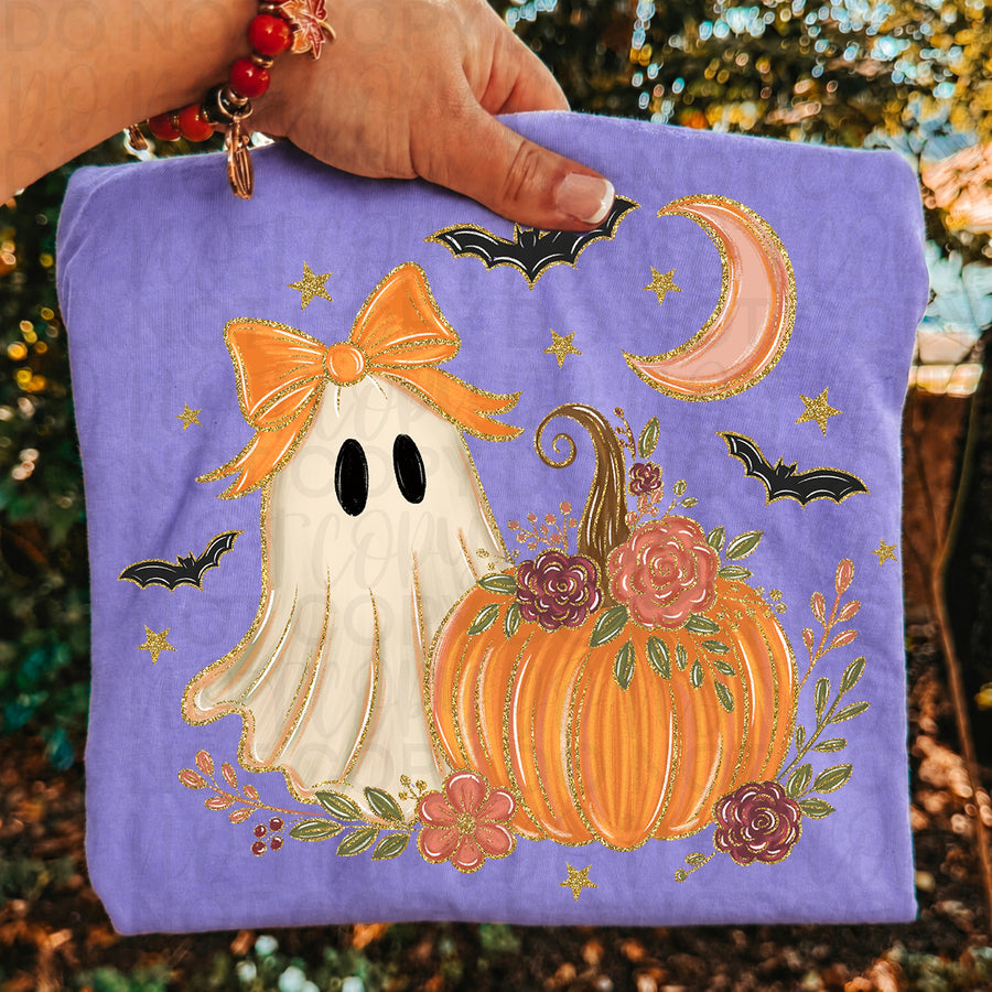 Cute Ghost & Floral Pumpkin Halloween Shirt | Girly Ghost Pumpkin Graphic Tee | Cozy Fall Halloween T-Shirt | Trendy Autumn Apparel