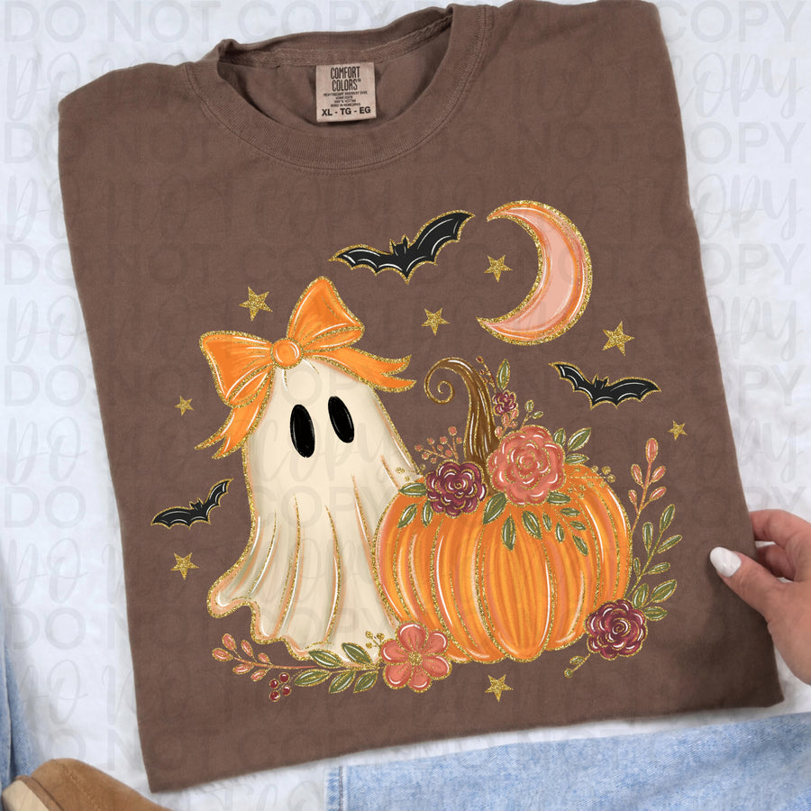 Cute Ghost & Floral Pumpkin Halloween Shirt | Girly Ghost Pumpkin Graphic Tee | Cozy Fall Halloween T-Shirt | Trendy Autumn Apparel