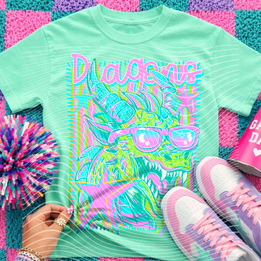 Dragons Preppy Mascot Shirt, Bright Color Collegiate Graphic Tee, Cute School Spirit Inspired Soft Style Tee for Women and Kids