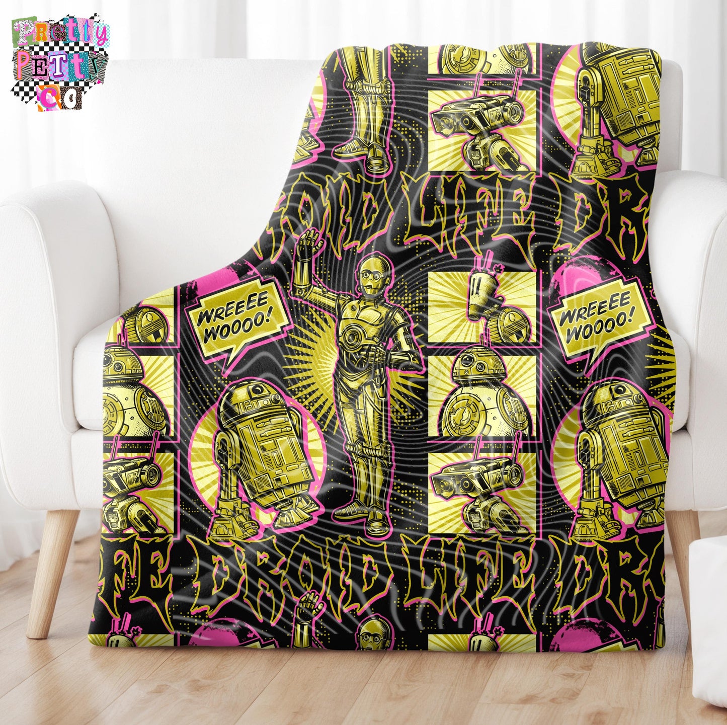Droid Life Retro Robot Plush Blanket, Funny Sci-Fi Machine Throw, Tech Lover Gift, Cozy Fleece Blanket 50x60