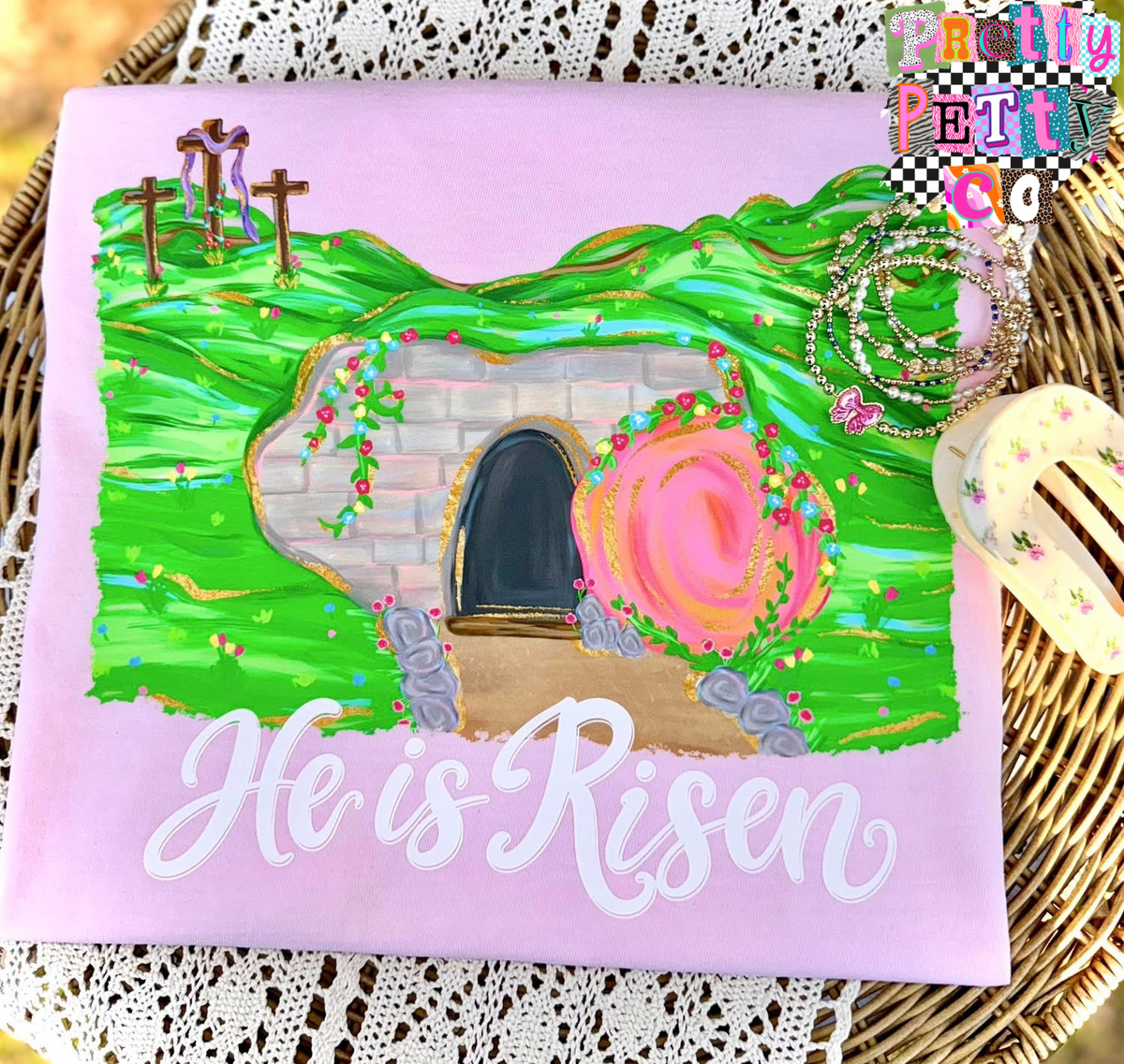 He Is Risen Graphic Tee – Christian Easter Watercolor Shir - Pretty Petty Co