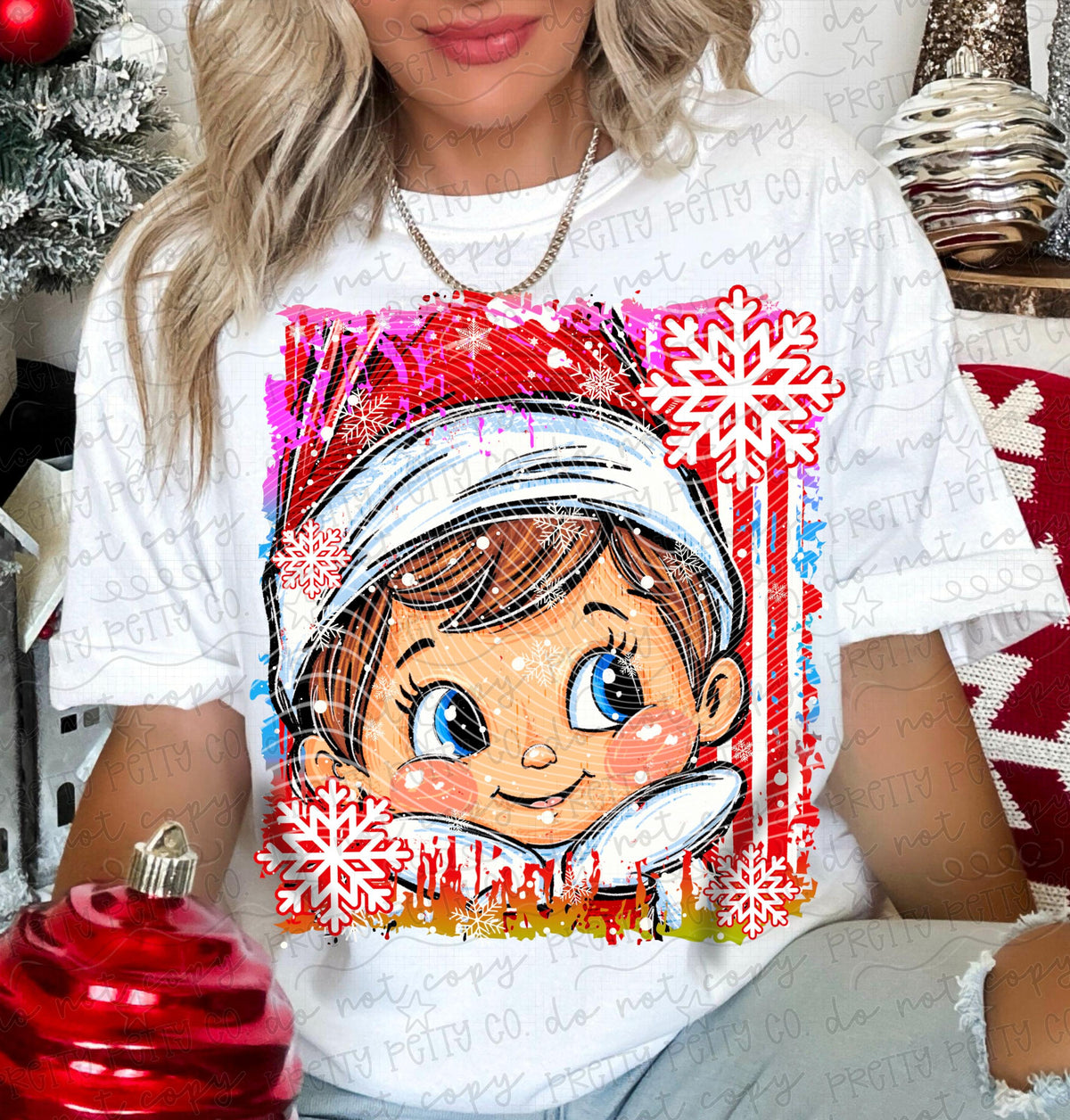 Retro Christmas Shelf Elf Graphic Sweatshirt | Vintage Holiday Elf Design | Trendy Christmas Boutique Pullover