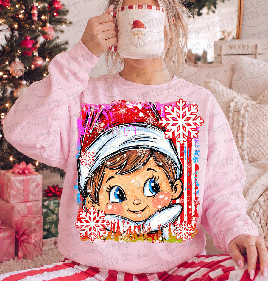 Retro Christmas Shelf Elf Graphic Sweatshirt | Vintage Holiday Elf Design | Trendy Christmas Boutique Pullover
