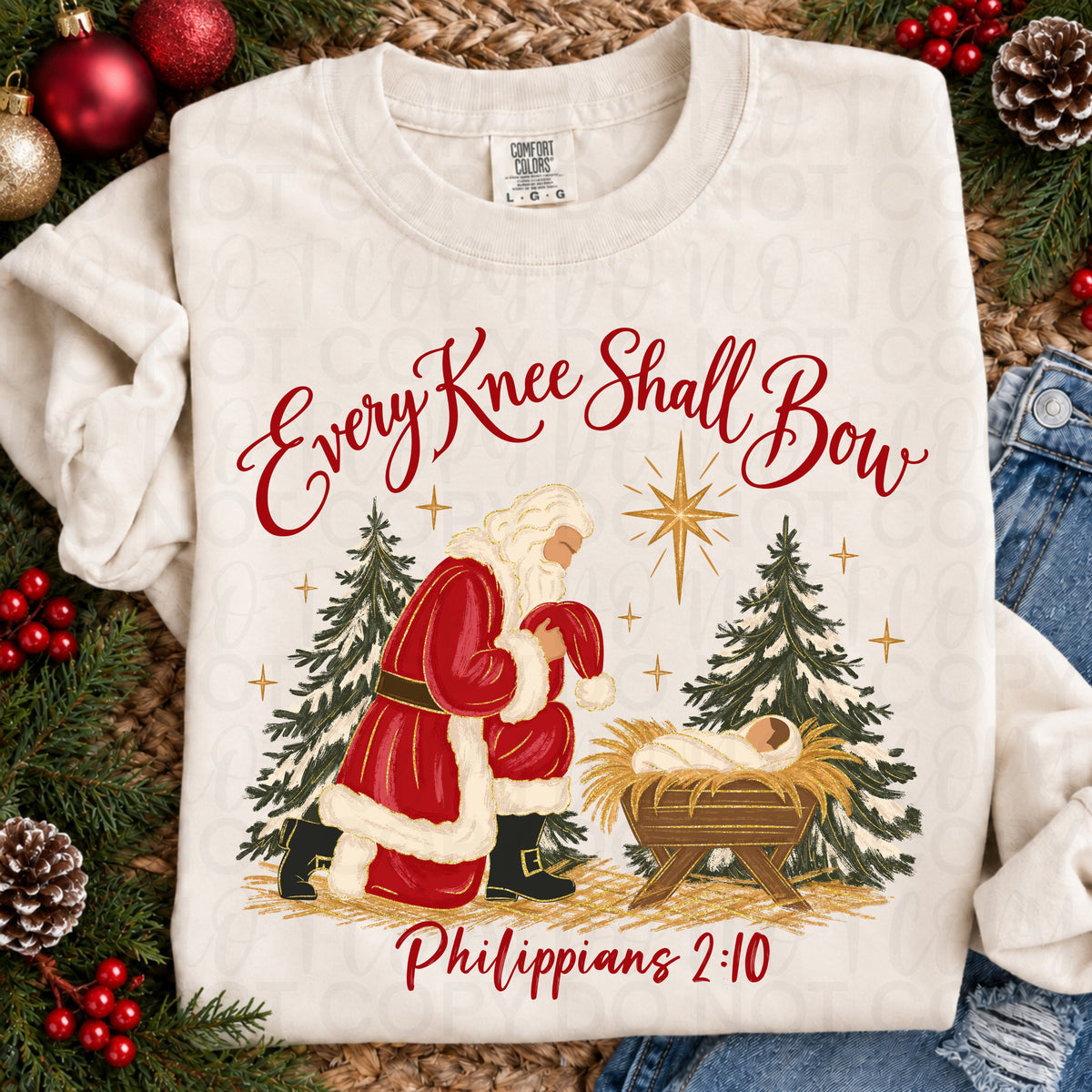 Every Knee Shall Bow Christmas Graphic Tee or Sweatshirt | Philippians 2:10 | Christian Christmas Shirt | Faith Based Holiday Apparel