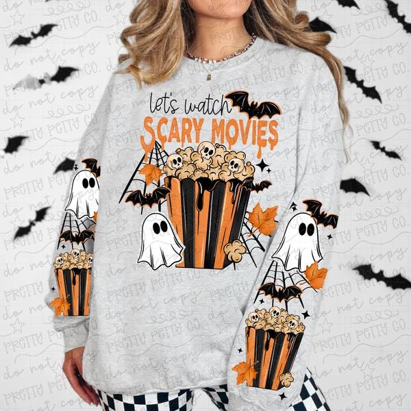 Let’s Watch Scary Movies Halloween Graphic Tee | Ghost Popcorn Spooky Season Shirt | Women’s Halloween Tee
