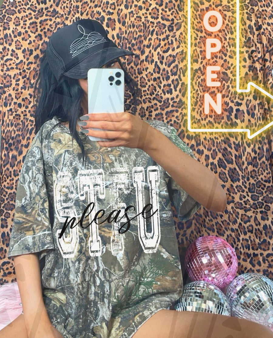 STFU Please Camo Shirt – Trendy Petty Humor Graphic Tee – Unisex DTF Print - Pretty Petty Co