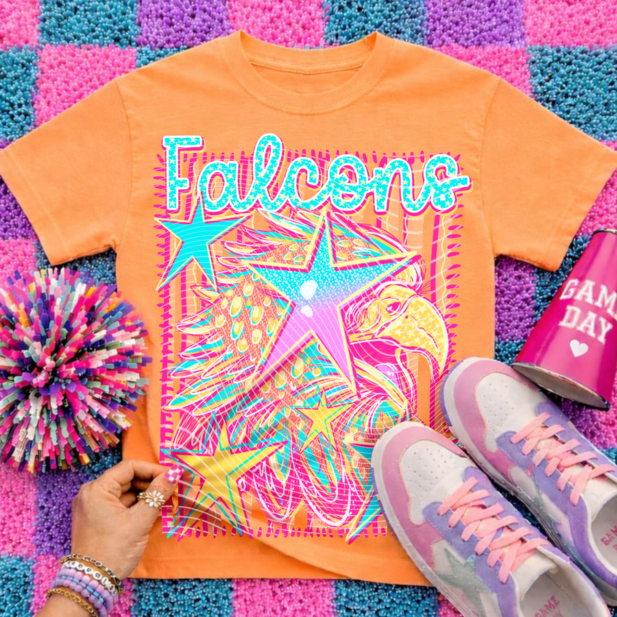 Falcons Preppy Mascot Shirt, Bright Color Collegiate Graphic Tee, Cute School Spirit Inspired Soft Style Tee for Women and Kids - Pretty Petty Co