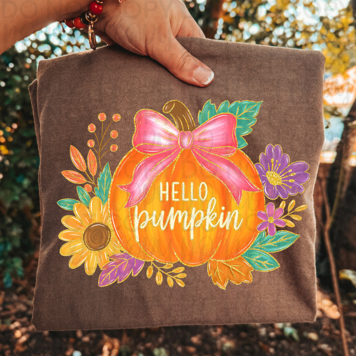 Hello Pumpkin Shirt | Cute Floral Pumpkin Graphic Tee | Fall Bow Pumpkin T-Shirt | Trendy Autumn Harvest Apparel