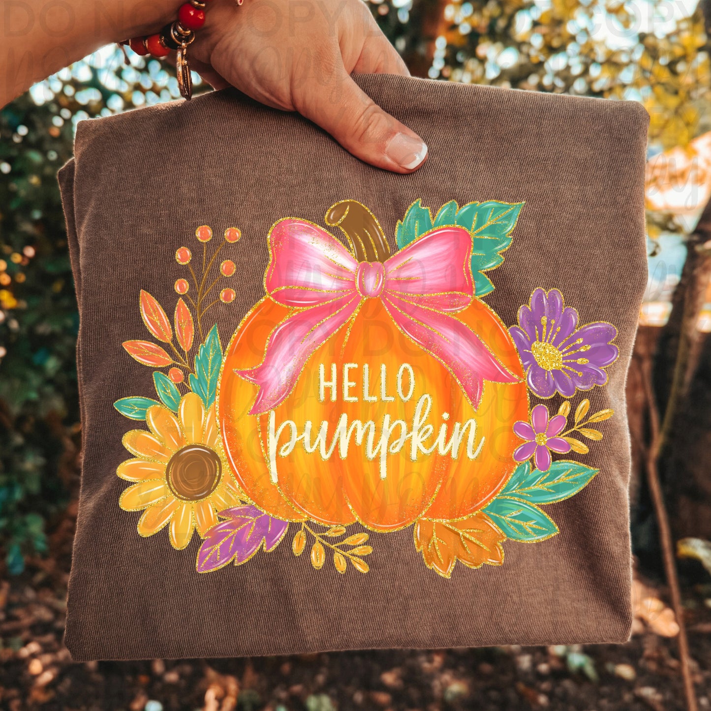 Hello Pumpkin Shirt | Cute Floral Pumpkin Graphic Tee | Fall Bow Pumpkin T-Shirt | Trendy Autumn Harvest Apparel