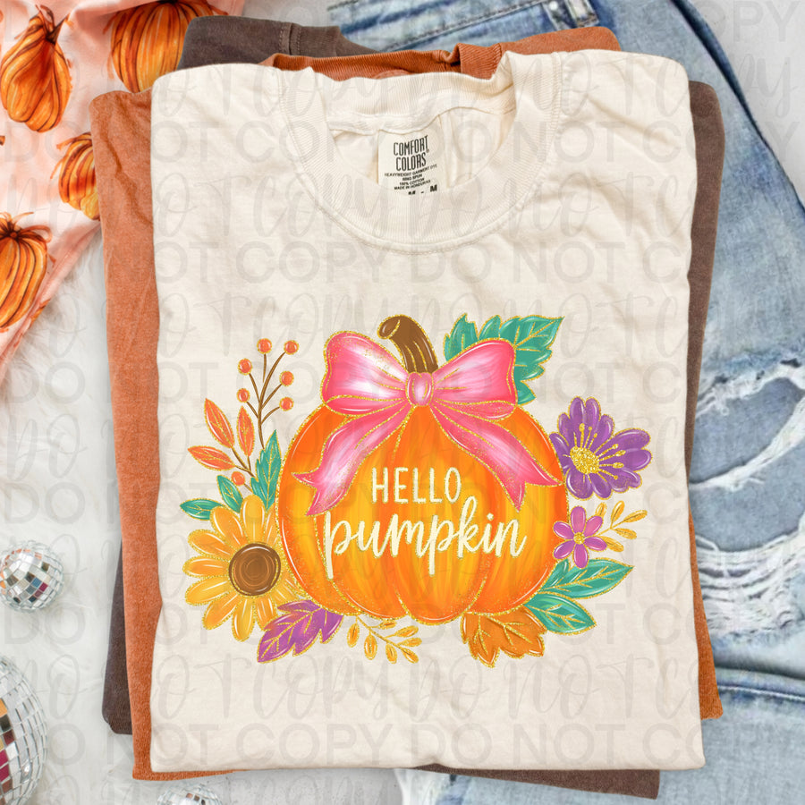 Hello Pumpkin Shirt | Cute Floral Pumpkin Graphic Tee | Fall Bow Pumpkin T-Shirt | Trendy Autumn Harvest Apparel