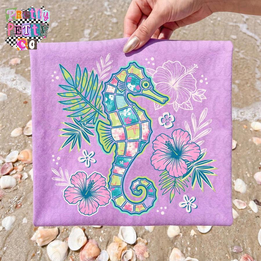 Seahorse Beach Vibes Tee, Tropical Ocean Shirt, Summer Beach Outfit, Nautical Graphic Shirt - Pretty Petty Co