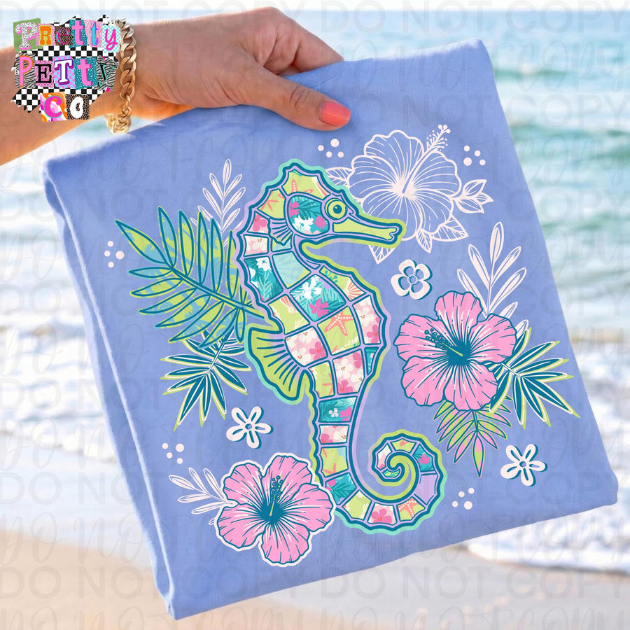 Seahorse Beach Vibes Tee, Tropical Ocean Shirt, Summer Beach Outfit, Nautical Graphic Shirt - Pretty Petty Co