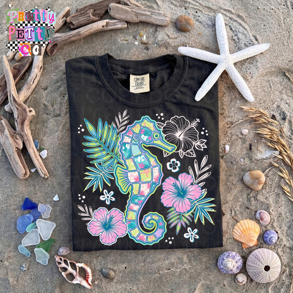 Seahorse Beach Vibes Tee, Tropical Ocean Shirt, Summer Beach Outfit, Nautical Graphic Shirt - Pretty Petty Co