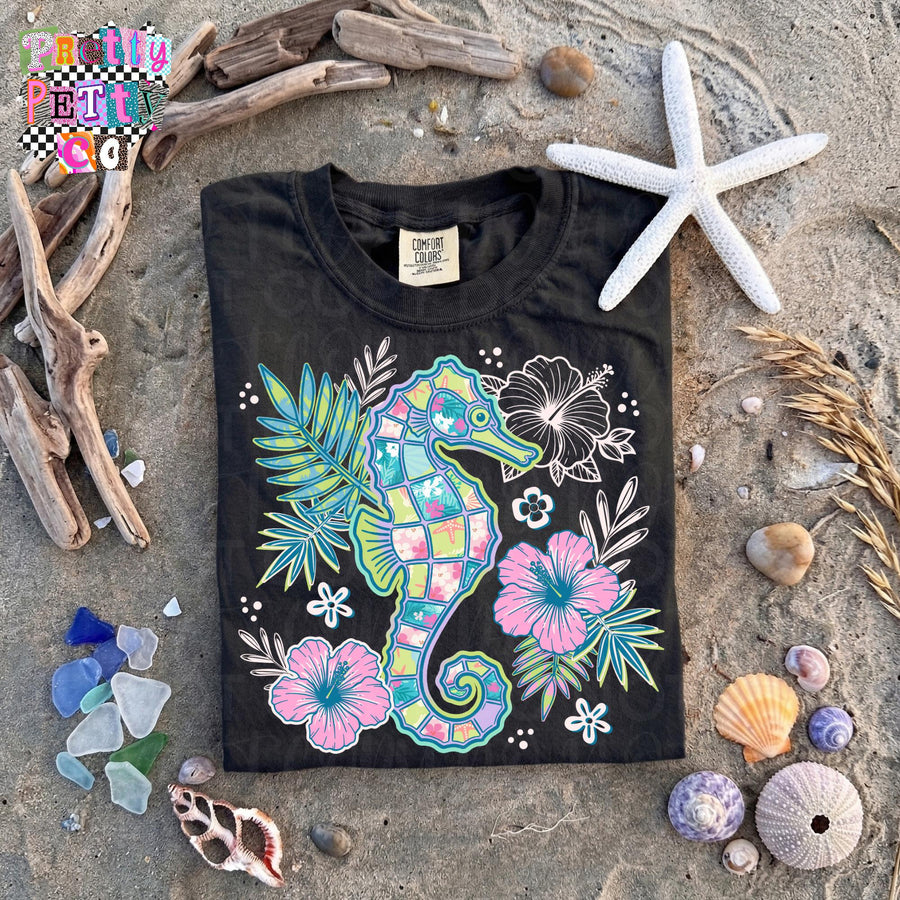 Seahorse Beach Vibes Tee, Tropical Ocean Shirt, Summer Beach Outfit, Nautical Graphic Shirt - Pretty Petty Co