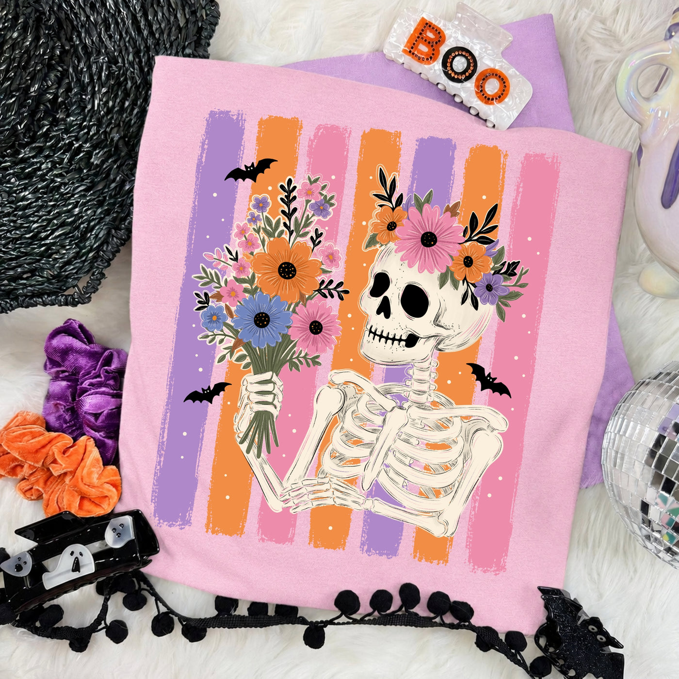 Floral Skeleton Halloween Graphic Tee | Cute Spooky Flower Shirt | Girly Retro Halloween Tee