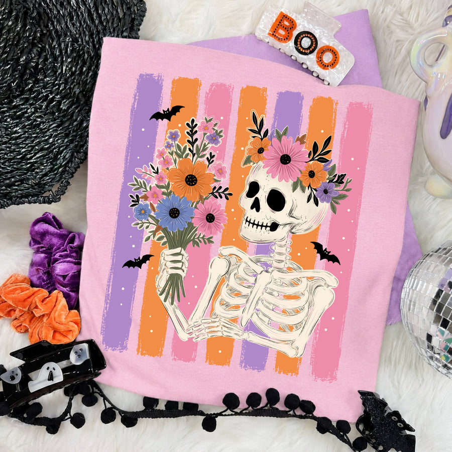 Floral Skeleton Halloween Graphic Tee | Cute Spooky Flower Shirt | Girly Retro Halloween Tee
