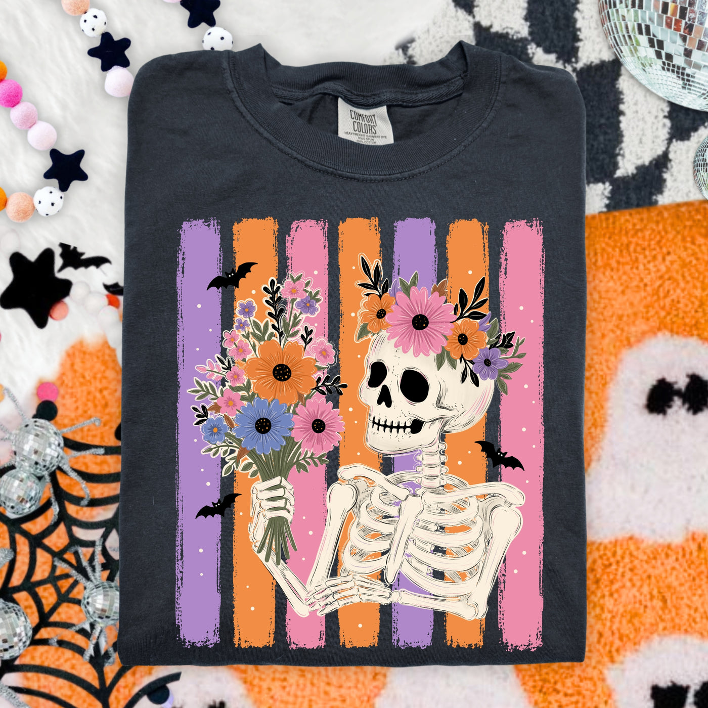 Floral Skeleton Halloween Graphic Tee | Cute Spooky Flower Shirt | Girly Retro Halloween Tee