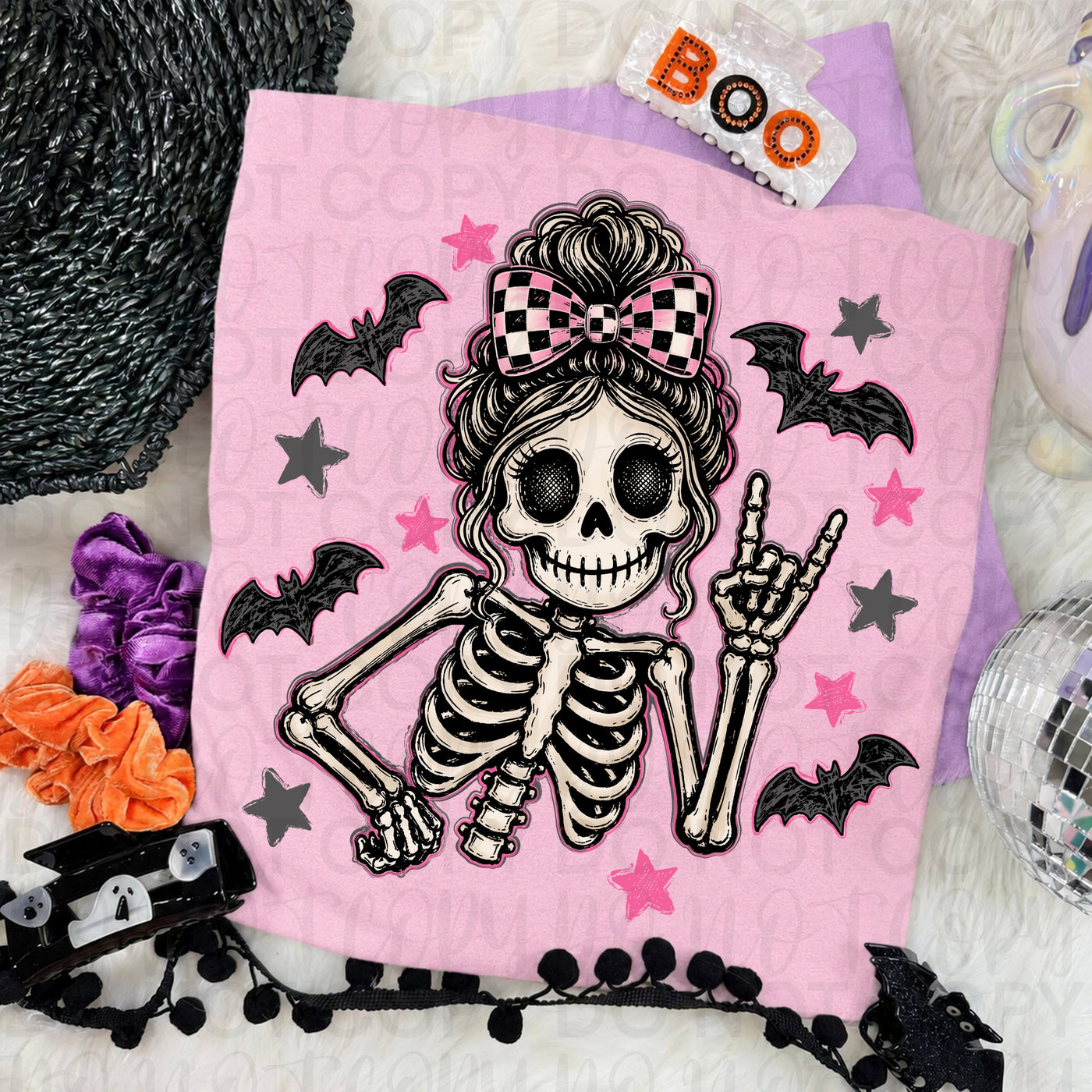 Pink Bow Skeleton Halloween Tee | Girly Spooky Skeleton Shirt | Bats & Checkered Bow Halloween Graphic Tee