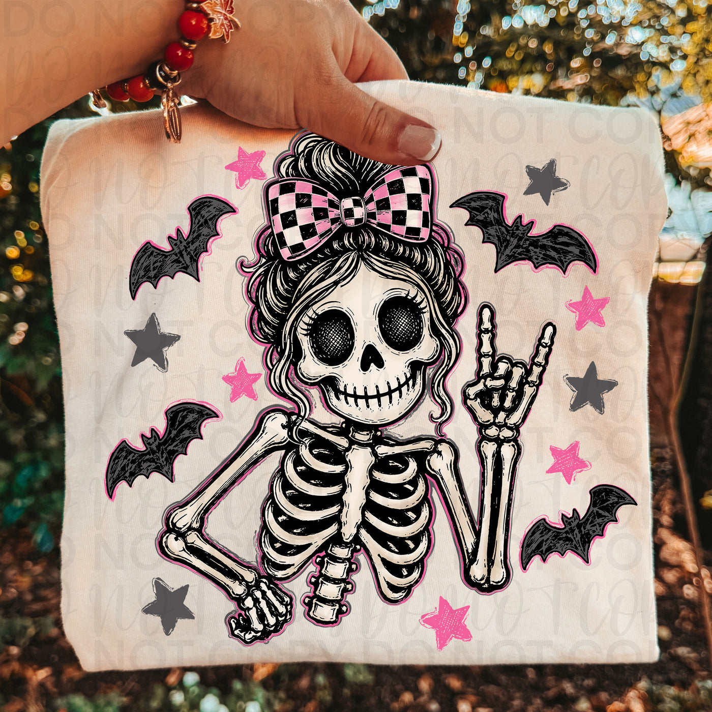Pink Bow Skeleton Halloween Tee | Girly Spooky Skeleton Shirt | Bats & Checkered Bow Halloween Graphic Tee
