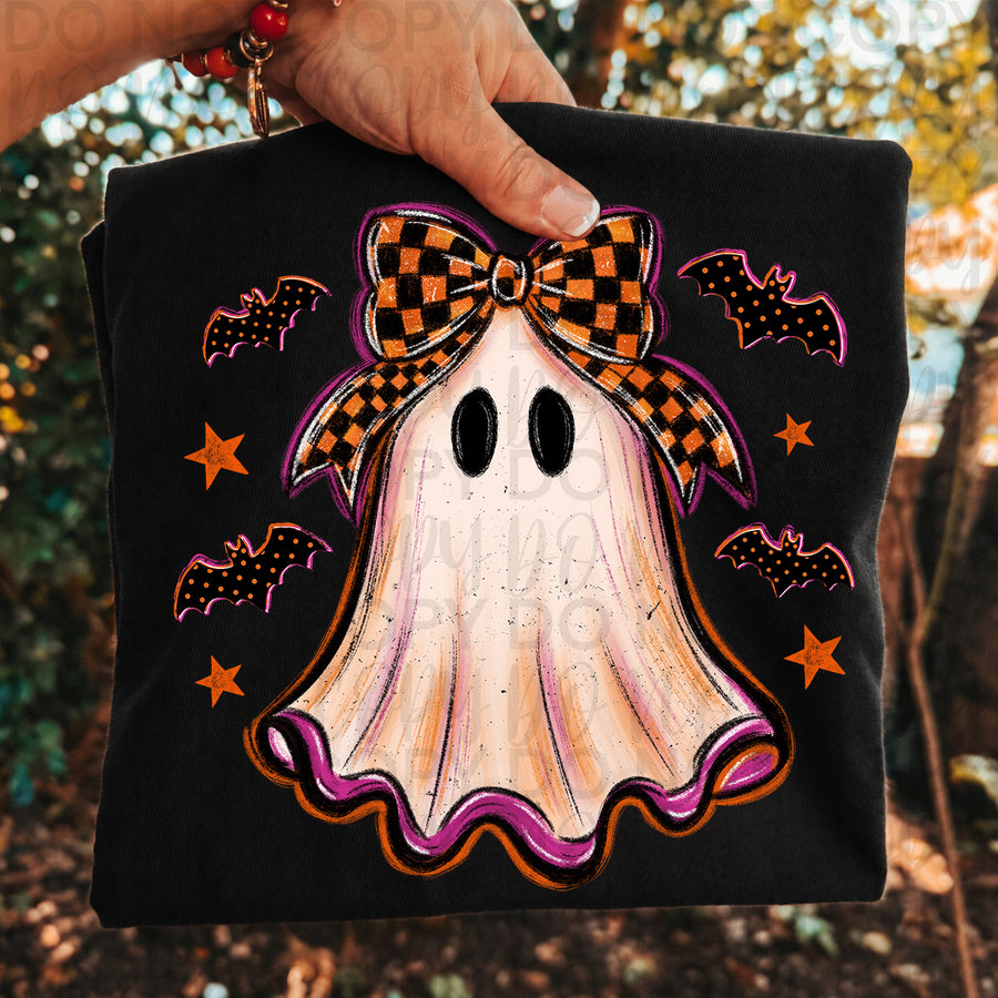 Cute Checker Bow Ghost Halloween Shirt | Girly Ghost Graphic Tee | Coquette Spooky Season T-Shirt | Trendy Halloween Fall Apparel