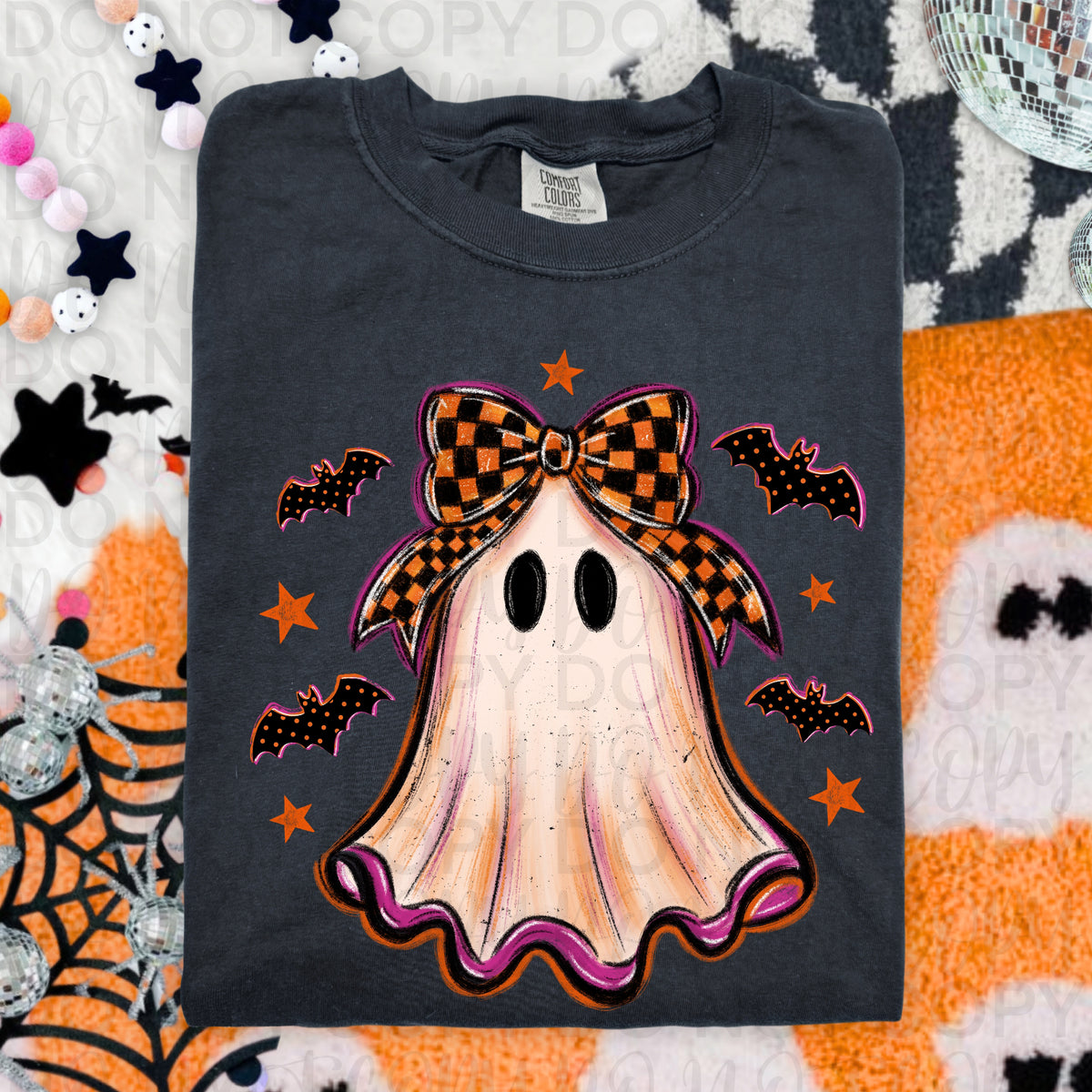 Cute Checker Bow Ghost Halloween Shirt | Girly Ghost Graphic Tee | Coquette Spooky Season T-Shirt | Trendy Halloween Fall Apparel