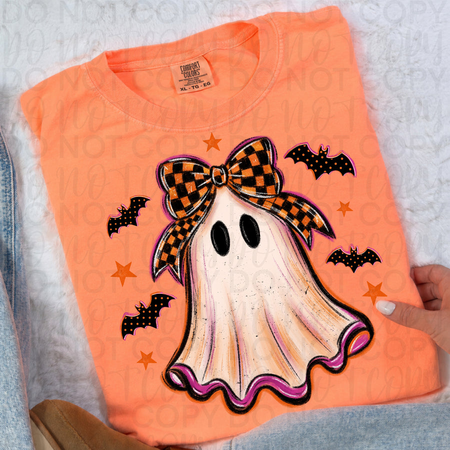 Cute Checker Bow Ghost Halloween Shirt | Girly Ghost Graphic Tee | Coquette Spooky Season T-Shirt | Trendy Halloween Fall Apparel