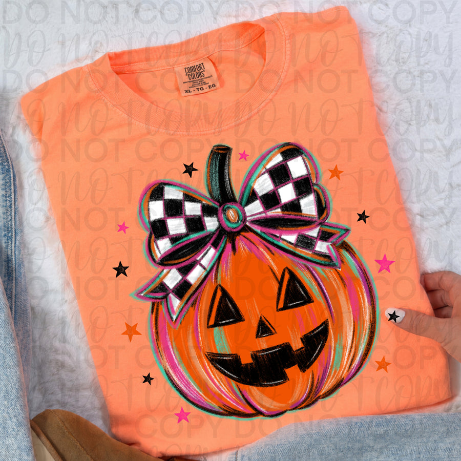 Cute Checker Bow Pumpkin Halloween Shirt | Girly Pumpkin Graphic Tee | Coquette Fall Pumpkin T-Shirt | Trendy Spooky Season Apparel